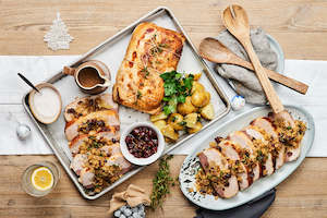 Free range Canter Valley cranberry and chestnut stuffed turkey. Serves 3-4