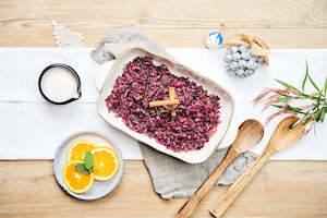 Cider spiced red cabbage with apple and Harringtons smoky bacon. Serves 3-4