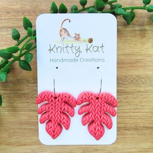 Earrings: Knitty Kat - Monstera Leaf Earrings - Coral