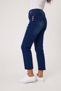 Sale: Knit Denim 7/8 Jean with Brooch Detail  - Dk Indigo