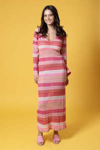Augustine: Jessie V-Neck Maxi Knit Dress - Stripe Pink