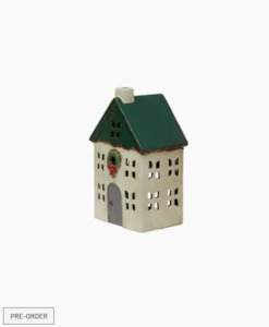 Tea Light Houses: Christmas Tea Light House Green with Wreath Small