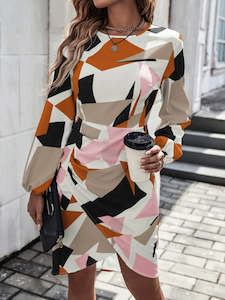 DSB0215 Women's Slim Geometric Print Long Sleeve Dress