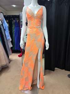 Dresses In New: DPB0239 - Orange Sequin with Criss Cross Back