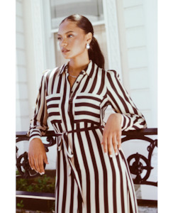 Cyprus Stripe Satin LS Shirt Midi Dress - Black Sand Stripe