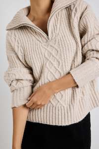 Knitwear: Axis Oat Marle Quarter Zip Cable Jumper - Oat Marle