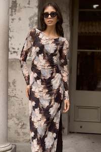 Among The Brave: Gallery Mesh L/S Maxi Dress - Sepia Floral