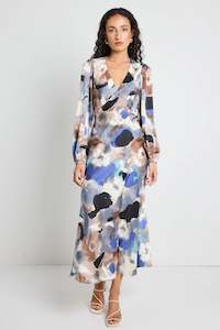 Phoenix Satin Balloon Sleeve Midi Dress - Navy Multi Watercolour