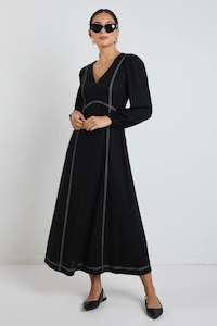 Stories Be Told: Case Black L/S Contrast Stitch Midi Dress - Black -