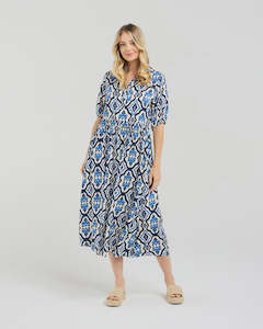 Genevieve Button Placket Dress - Blue Aztec