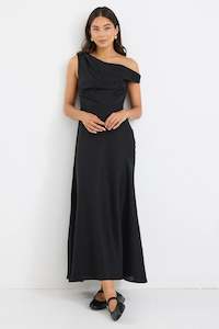 Stories Be Told: Spotlight Linen Blend Off Shoulder Flare Midi Dress - Black