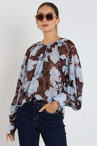 Cosmopolitan Chocolate Blue Floral Crew Neck Floaty LS Top