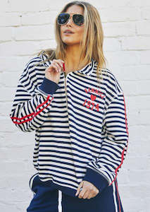 Retro Stripe Collard Zip Sweat- Navy/White -