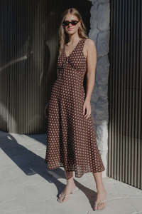 Among The Brave: Infinity Chocolate Polka Dot Sleeveless Bias Midi Dress
