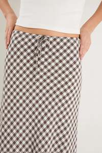 Summit Chocolate Gingham Cotton Blend Tie Waist Bias Maxi Skirt