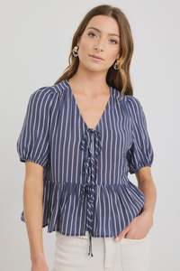 Restore Navy Stripe Tie Front Peplum SS Top