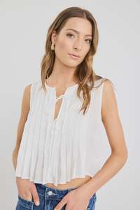 Stories Be Told: Origami Ivory Ramie Pleated Sleeveless Tie Top