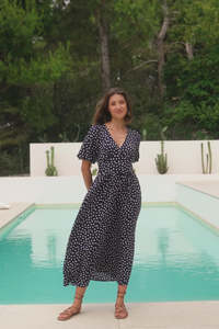 Lisbon Navy Polka Dot Puff Sleeve Midi Dress