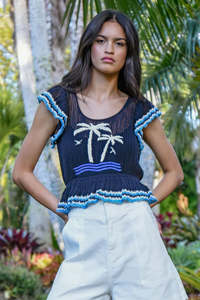 Shirts Blouses: Palms Away Top & Camisole - Navy
