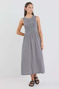 All: Bryar Navy Mini Gingham Sleeveless Shirred Bodice Midi Dress