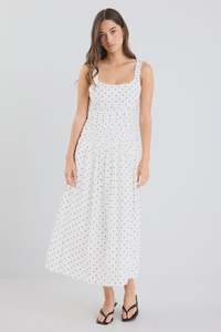 Stories Be Told: Tide Cream Polka Dot Pleated Bodice Strappy Midi Dress