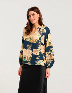Christie Frill Neck Top - Majolica Blue Winter Rose