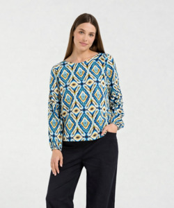 Blackstone: Skylar Pintuck Sleeve Top - Regatta Blue Aztec