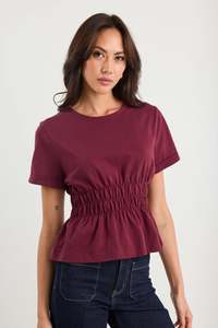 Svelte Burgundy Shirred Detail SS Tee - Burgundy