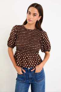 Among The Brave: Requite Chocolate Polka Dot Shirred Body SS Top