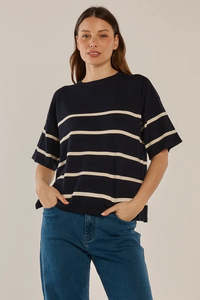 Knitwear: Bailey Boxy Sweater - Navy/Cream