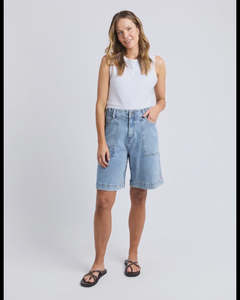 Shorts: Atlas Long Denim Shorts / Mid Blue Wash