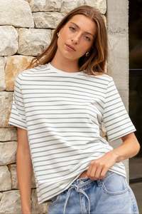 All: Binding Khaki White Stripe Boxy Fit Tee