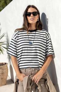All: “Cohesion Black White Stripe Oversized Contrast Binding Boxy SS Tee”