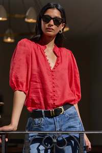 All: Continuance Red Ramie High Neck Buttoned SS Top