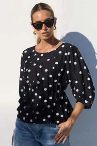 All: Theatrical Black Polka Dot Pintuck Shaped SS Top