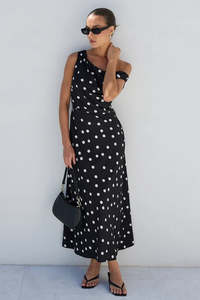 All: Spotlight Black Polka Dot Off Shoulder Flare Midi Dress