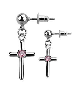 Earring Sets: Pink Gem Cross - Dangly