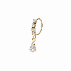 Nose Studs: CZ Hoop Nose Ring with Dangle Teardrop CZ - Gold