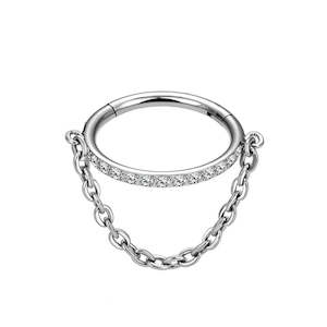 Titanium Outward Facing Pave CZ Hoop with Chain Link - Silver