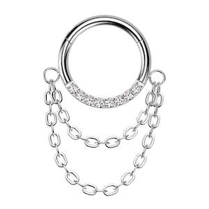 Septum Rings: Titanium CZ Segment Hoop with Double Chain Dangle