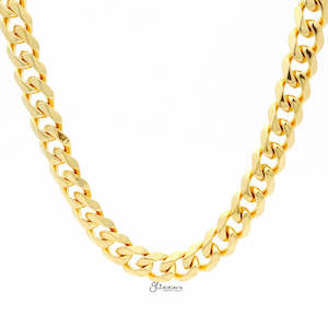 Mens Necklaces: Gold I.P Stainless Steel Beveled Cuban Chain Necklace - 13mm width
