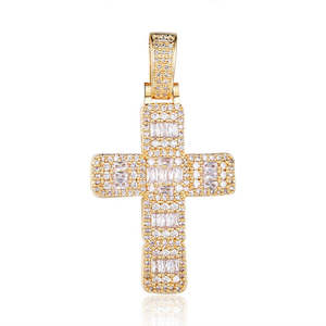 Iced Out Baguette-Cut Cross Pendant - Gold