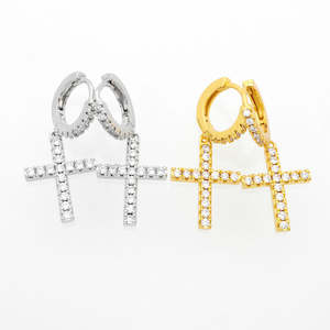Hip Hop Earrings: CZ Paved Dangle Cross Huggie Hoop Earrings