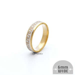 Clearance Sale: 6mm Wide Stainless Steel Two-Tone Greek Key Accented Matt Finish Ring
