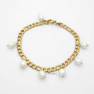 Stainless Steel Bracelets: Freshwater Pearls with Gold I.P Stainless Steel Figaro Chain Bracelet