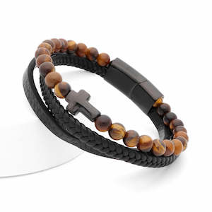 Leather Bracelets: Tiger Eye Beads with Cross Multilayer Leather Bracelet