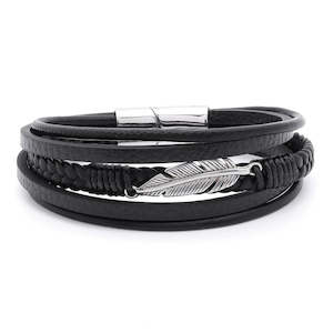Leather Bracelets: Multilayer Leather Bracelet with Feather Ornament