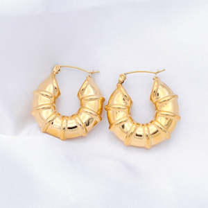Chunky Earrings: Stainless Steel Bamboo Hoop Earrings - Gold