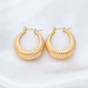 Chunky Earrings: Stainless Steel Twisted Pattern Hoop Earrings - Gold