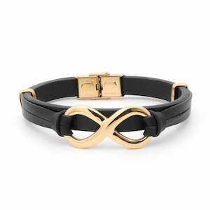 Bracelets: Infinity Symbol Black Leather Bracelet - Gold